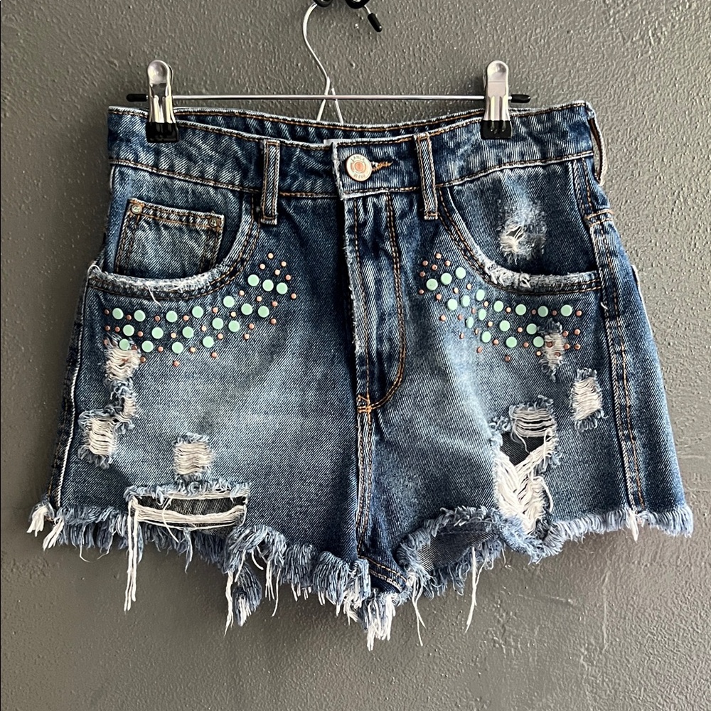 Distressed Denim Shorts with Studded Accents